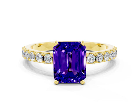 Yellow gold Emerald Cut Tanzanite Solitaire Pavé Band with Four-Prong Setting