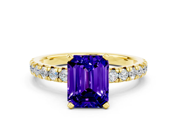 Yellow gold Emerald Cut Tanzanite Solitaire Pavé Engagement Ring with Round Band and Prong Setting