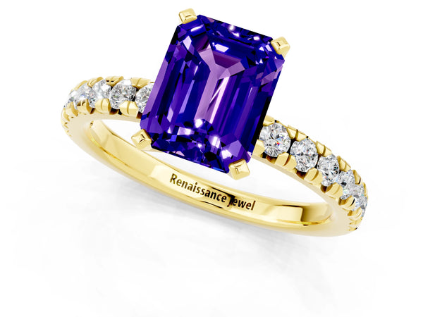 Yellow gold Emerald Cut Tanzanite Solitaire Pavé Engagement Ring with Round Band and Prong Setting