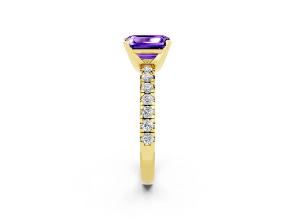 Yellow gold Emerald Cut Tanzanite Solitaire Pavé Engagement Ring with Round Band and Prong Setting