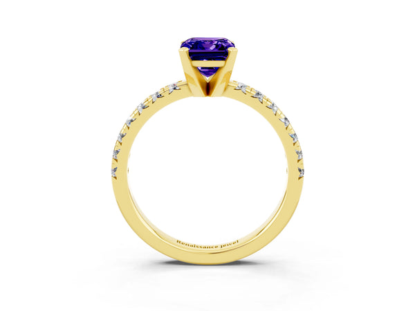 Yellow gold Emerald Cut Tanzanite Solitaire Pavé Engagement Ring with Round Band and Prong Setting