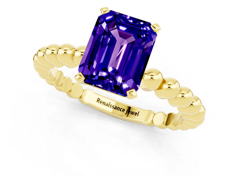 Yellow gold Emerald Cut Tanzanite Solitaire Ring with Beaded Band and Prong Setting_1