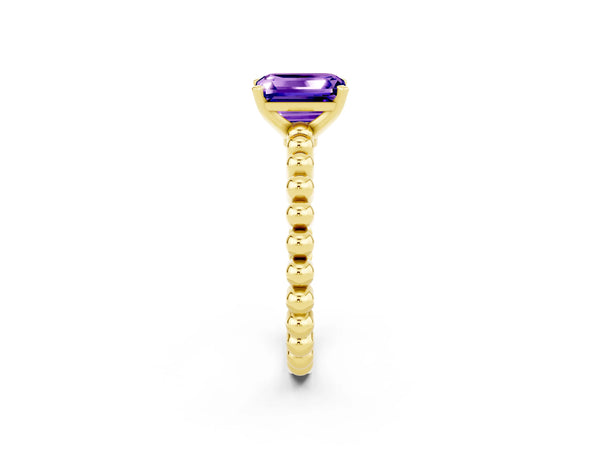 Yellow gold Emerald Cut Tanzanite Solitaire Ring with Beaded Band and Prong Setting