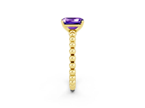Yellow gold Emerald Cut Tanzanite Solitaire Ring with Beaded Band and Prong Setting_2