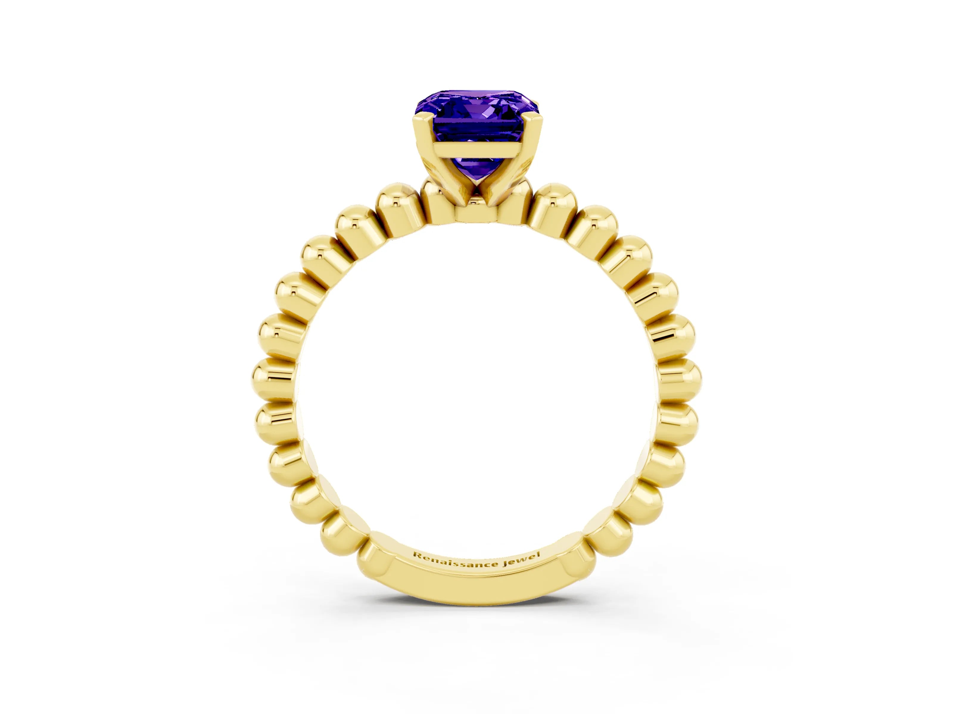 Yellow gold Emerald Cut Tanzanite Solitaire Ring with Beaded Band and Prong Setting_3