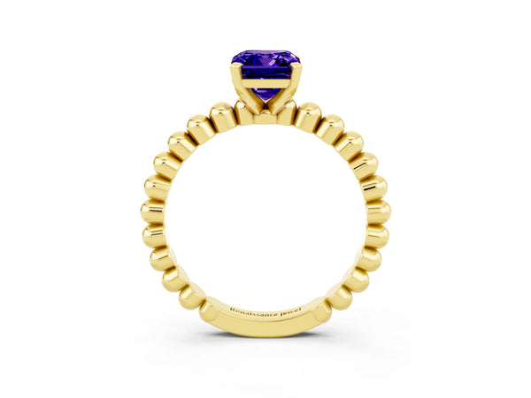 Yellow gold Emerald Cut Tanzanite Solitaire Ring with Beaded Band and Prong Setting