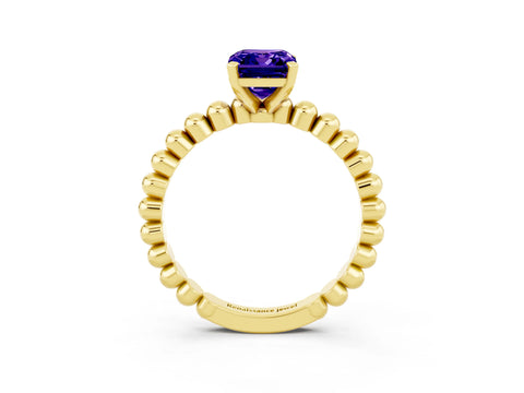 Yellow gold Emerald Cut Tanzanite Solitaire Ring with Beaded Band and Prong Setting_3