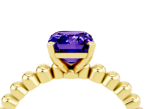 Yellow gold Emerald Cut Tanzanite Solitaire Ring with Beaded Band and Prong Setting_4