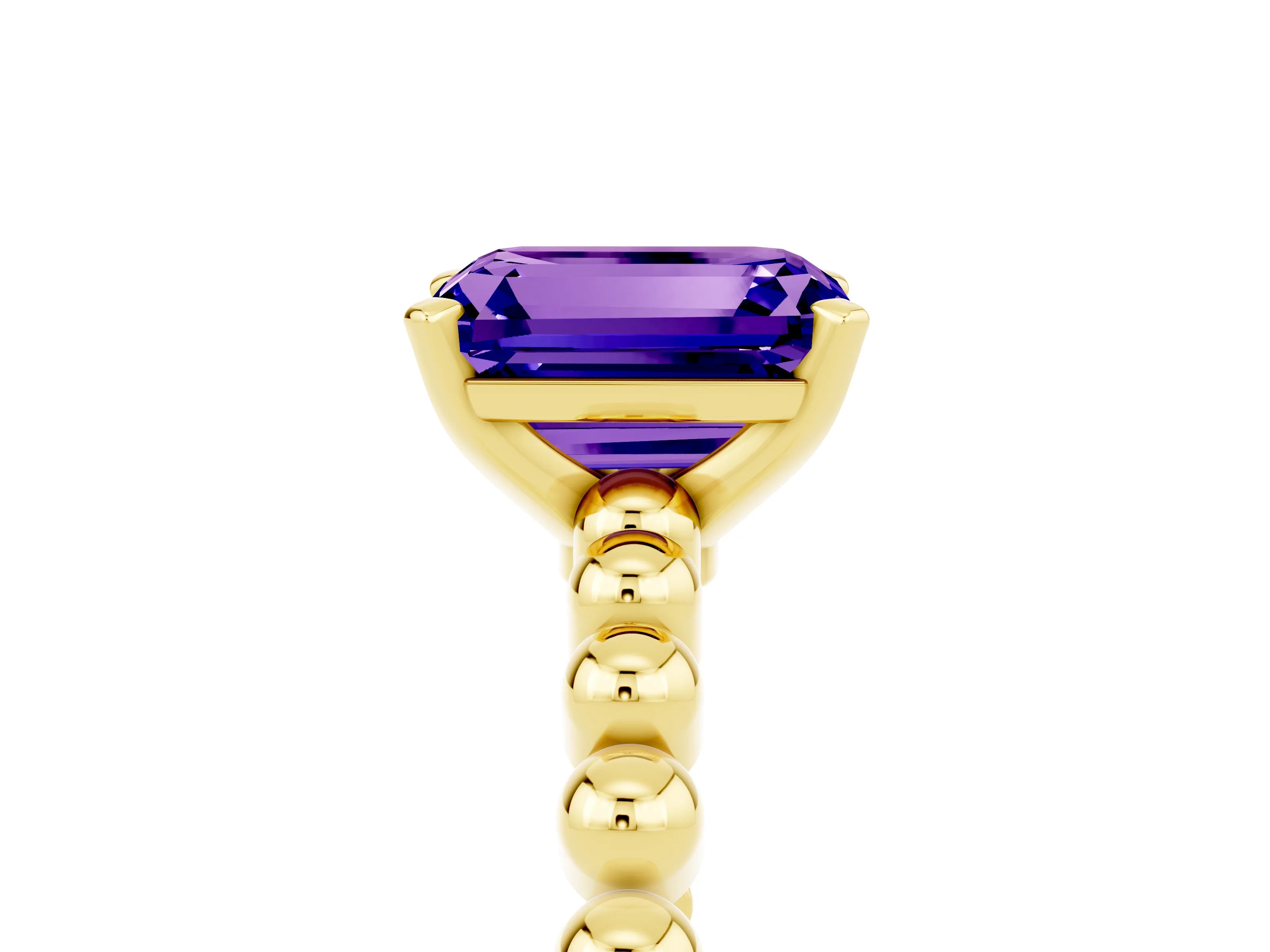 Yellow gold Emerald Cut Tanzanite Solitaire Ring with Beaded Band and Prong Setting_5