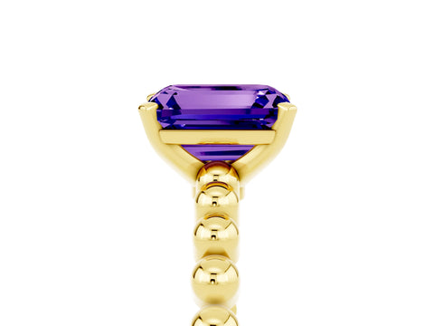 Yellow gold Emerald Cut Tanzanite Solitaire Ring with Beaded Band and Prong Setting_5