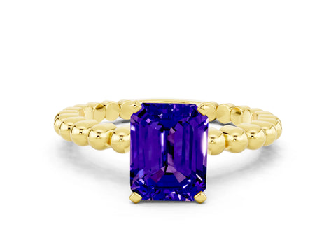 Yellow gold Emerald Cut Tanzanite Solitaire Ring with Beaded Band and Prong Setting