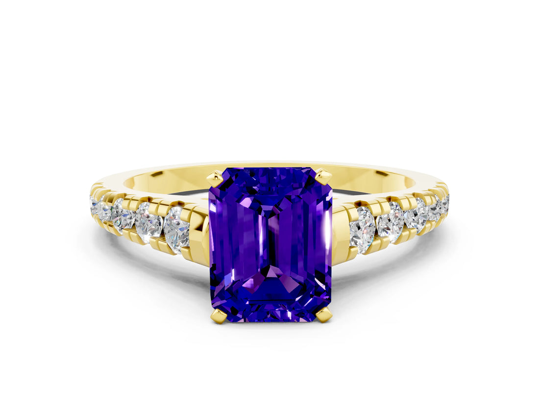 Yellow gold Emerald Cut Tanzanite Solitaire Ring with Cathedral Setting and Pavé Band