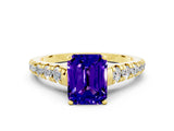Yellow gold Emerald Cut Tanzanite Solitaire Ring with Cathedral Setting and Pavé Band