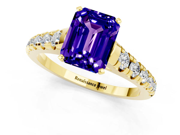 Yellow gold Emerald Cut Tanzanite Cathedral Solitaire Ring with Round  Pavé Band