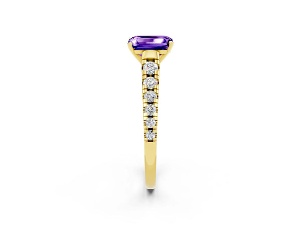 Yellow gold Emerald Cut Tanzanite Cathedral Solitaire Ring with Round  Pavé Band