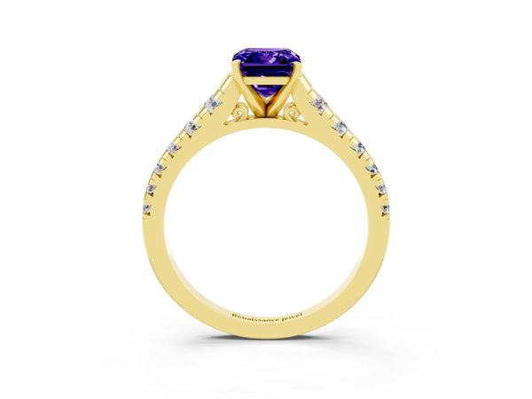 Yellow gold Emerald Cut Tanzanite Cathedral Solitaire Ring with Round  Pavé Band