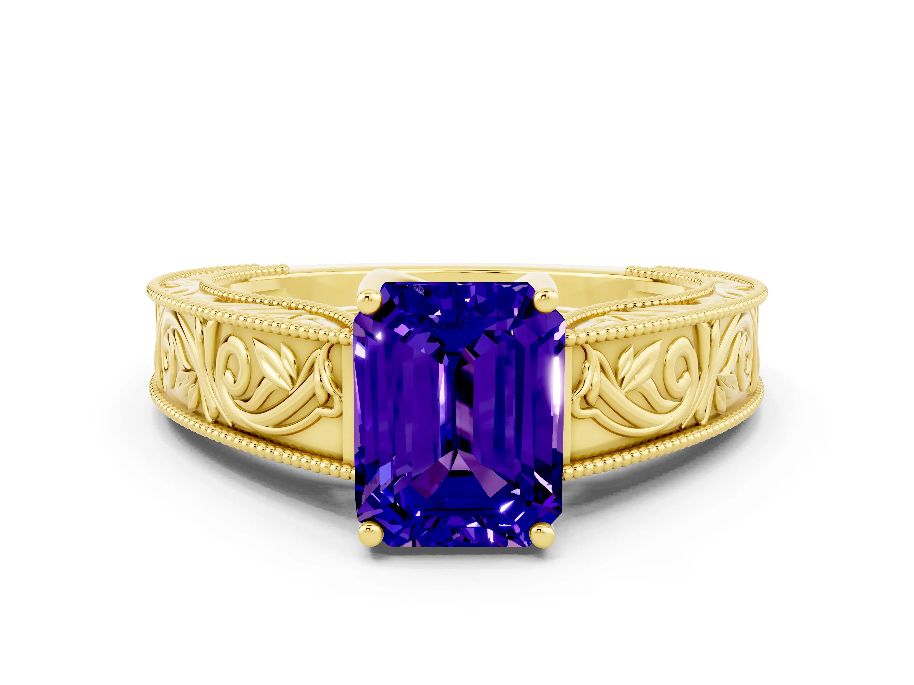 Yellow gold Emerald Cut Tanzanite Solitaire Ring with Engraved Band and Four-Prong Setting