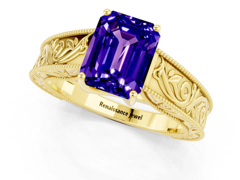 Yellow gold Emerald Cut Tanzanite Solitaire Ring with Engraved Band and Four-Prong Setting_1