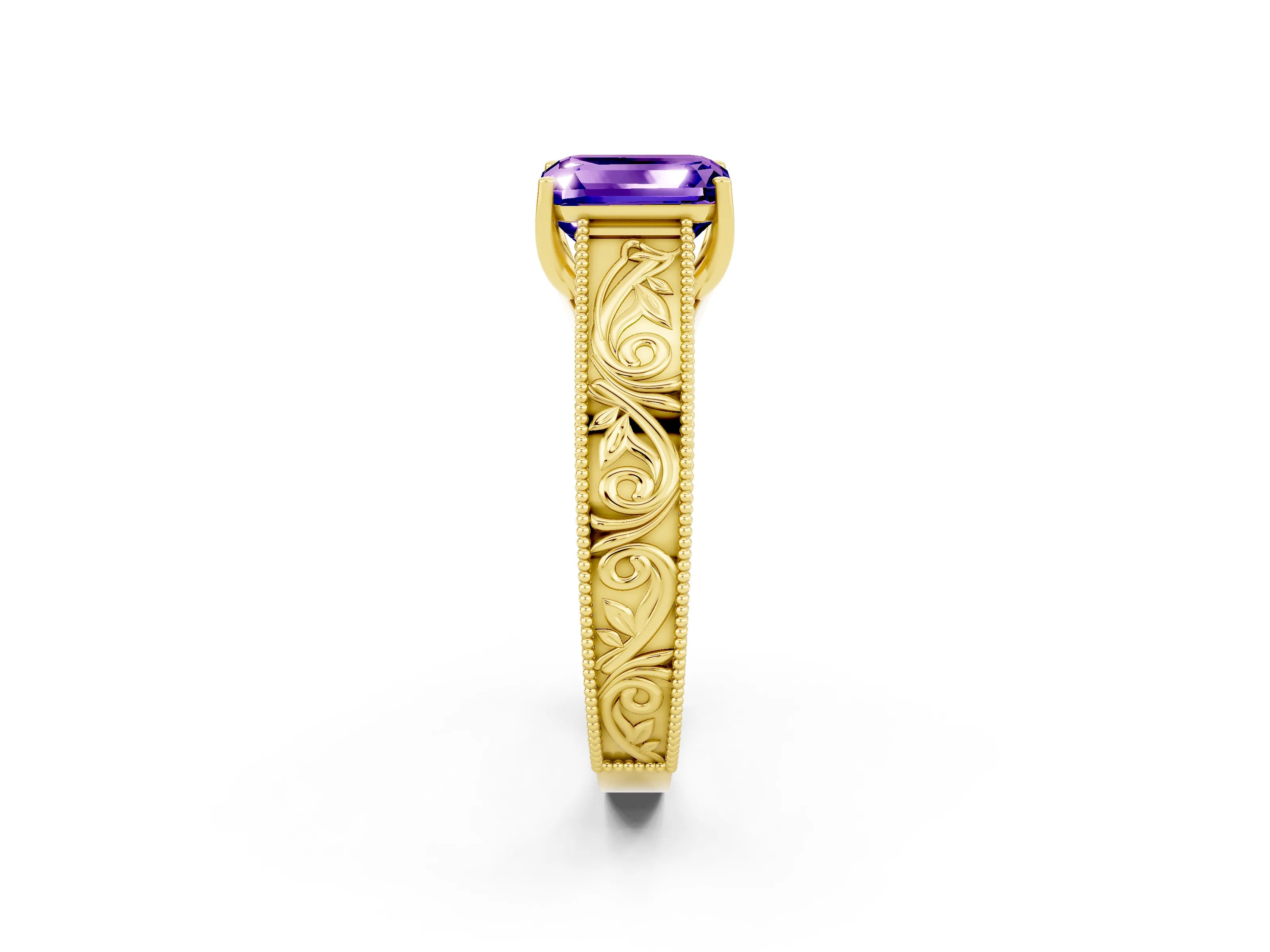 Yellow gold Emerald Cut Tanzanite Solitaire Ring with Engraved Band and Four-Prong Setting_2