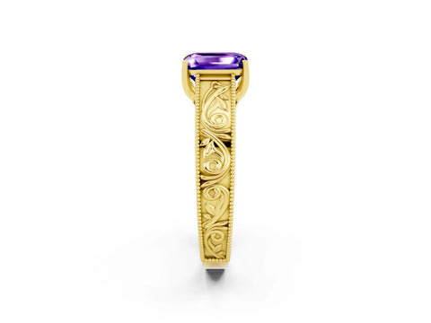 Yellow gold Emerald Cut Tanzanite Solitaire Ring with Engraved Band and Four-Prong Setting_2