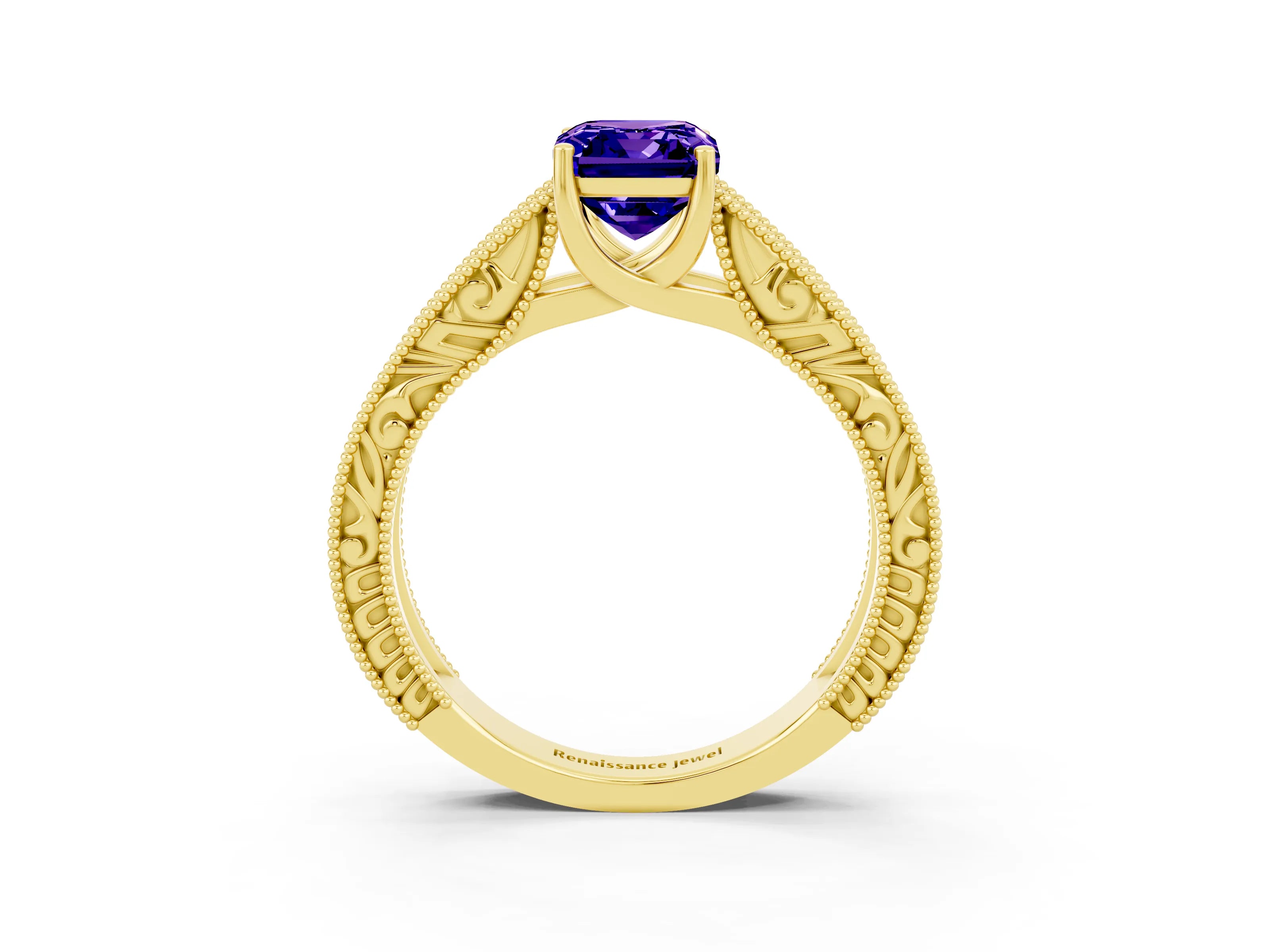 Yellow gold Emerald Cut Tanzanite Solitaire Ring with Engraved Band and Four-Prong Setting_3
