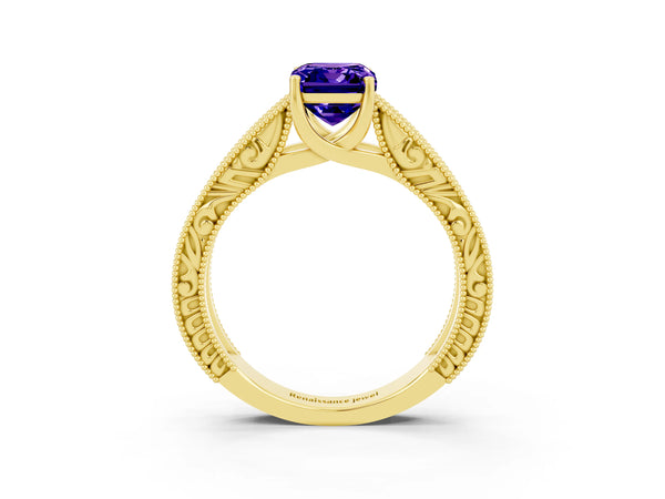 Yellow gold Emerald Cut Tanzanite Solitaire Ring with Engraved Band and Four-Prong Setting