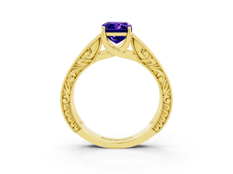 Yellow gold Emerald Cut Tanzanite Solitaire Ring with Engraved Band and Four-Prong Setting_3