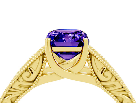 Yellow gold Emerald Cut Tanzanite Solitaire Ring with Engraved Band and Four-Prong Setting_4