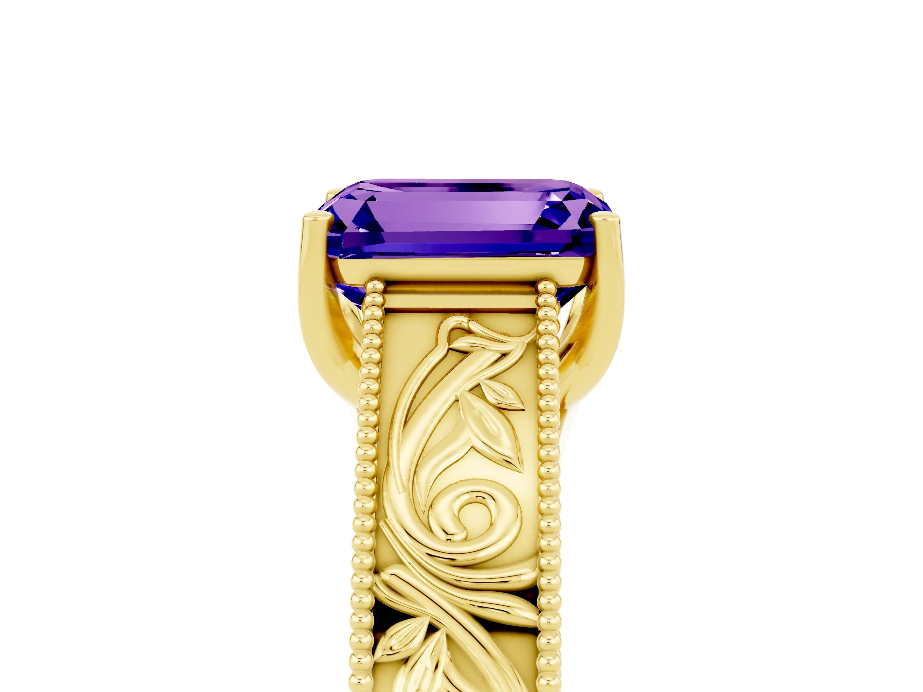 Yellow gold Emerald Cut Tanzanite Solitaire Ring with Engraved Band and Four-Prong Setting_5