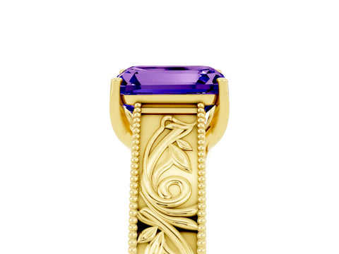 Yellow gold Emerald Cut Tanzanite Solitaire Ring with Engraved Band and Four-Prong Setting_5