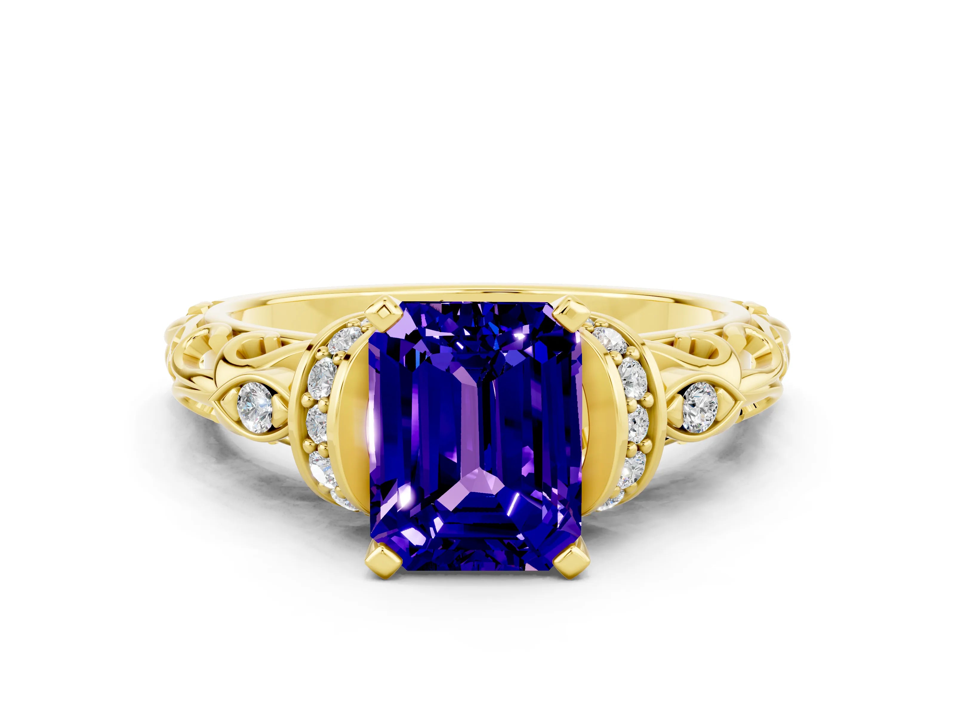 Yellow gold Emerald Cut Tanzanite Solitaire Ring with Filigree Band and Four-Prong Setting_24
