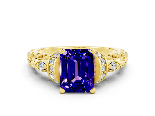 Yellow gold Emerald Cut Tanzanite Solitaire Ring with Filigree Band and Four-Prong Setting
