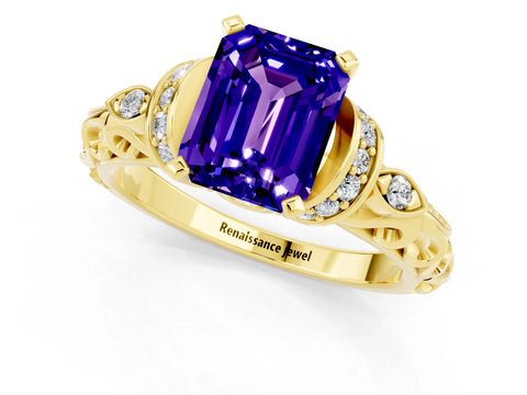 Yellow gold Emerald Cut Tanzanite Solitaire Ring with Filigree Band and Four-Prong Setting_25