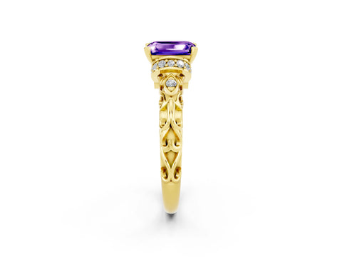Yellow gold Emerald Cut Tanzanite Solitaire Ring with Filigree Band and Four-Prong Setting_26
