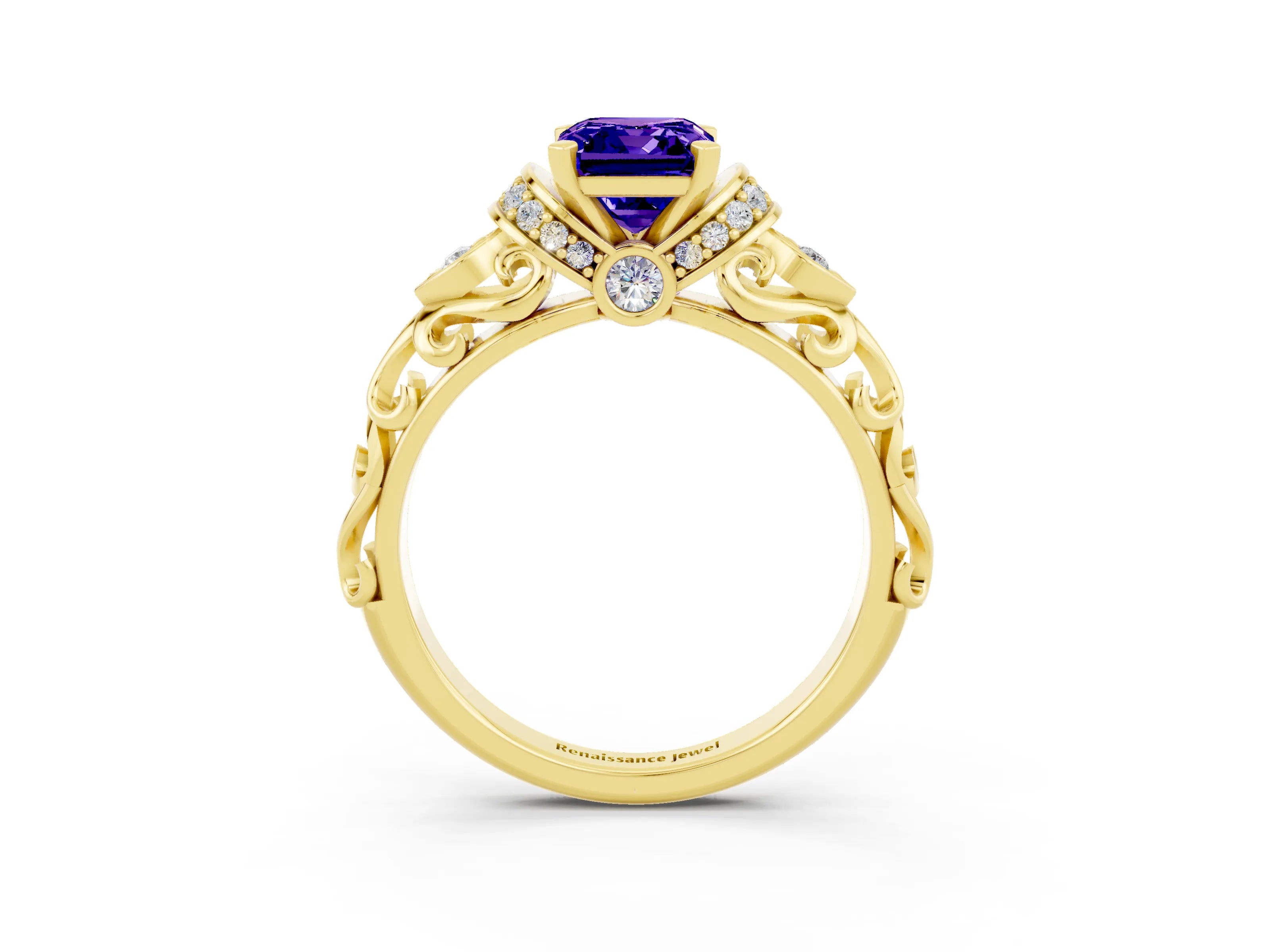 Yellow gold Emerald Cut Tanzanite Solitaire Ring with Filigree Band and Four-Prong Setting_27
