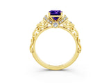 Yellow gold Emerald Cut Tanzanite Solitaire Ring with Filigree Band and Four-Prong Setting_27