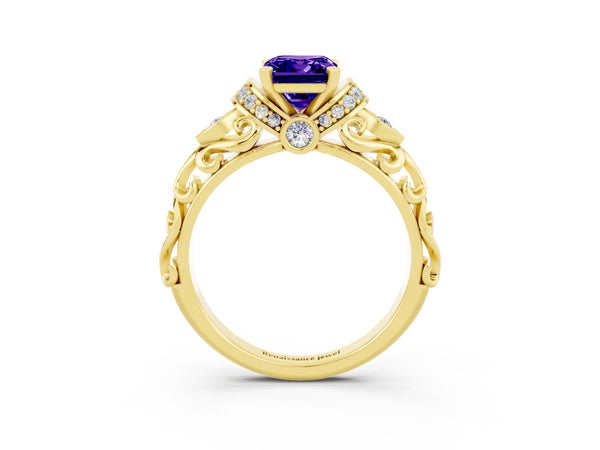Yellow gold Emerald Cut Tanzanite Solitaire Ring with Filigree Band and Four-Prong Setting