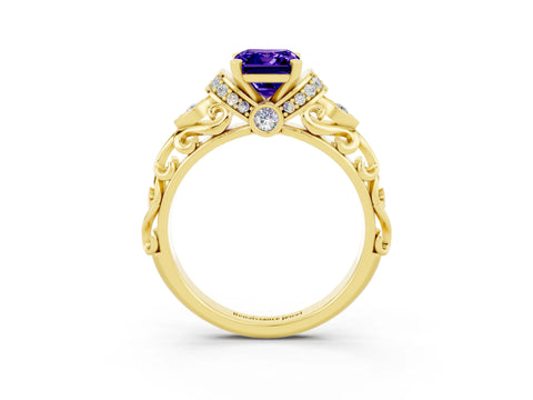 Yellow gold Emerald Cut Tanzanite Solitaire Ring with Filigree Band and Four-Prong Setting_27