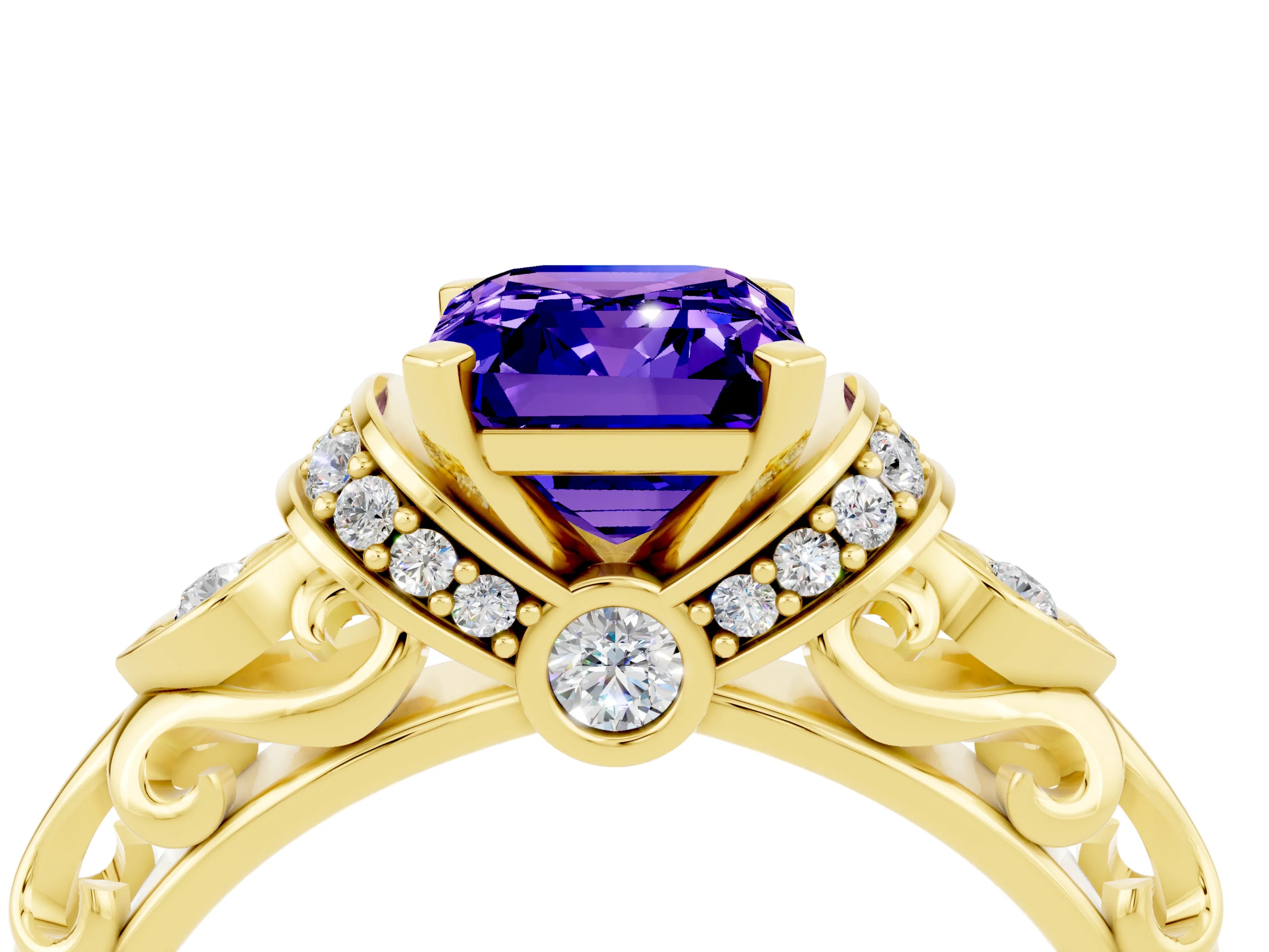 Yellow gold Emerald Cut Tanzanite Solitaire Ring with Filigree Band and Four-Prong Setting_28