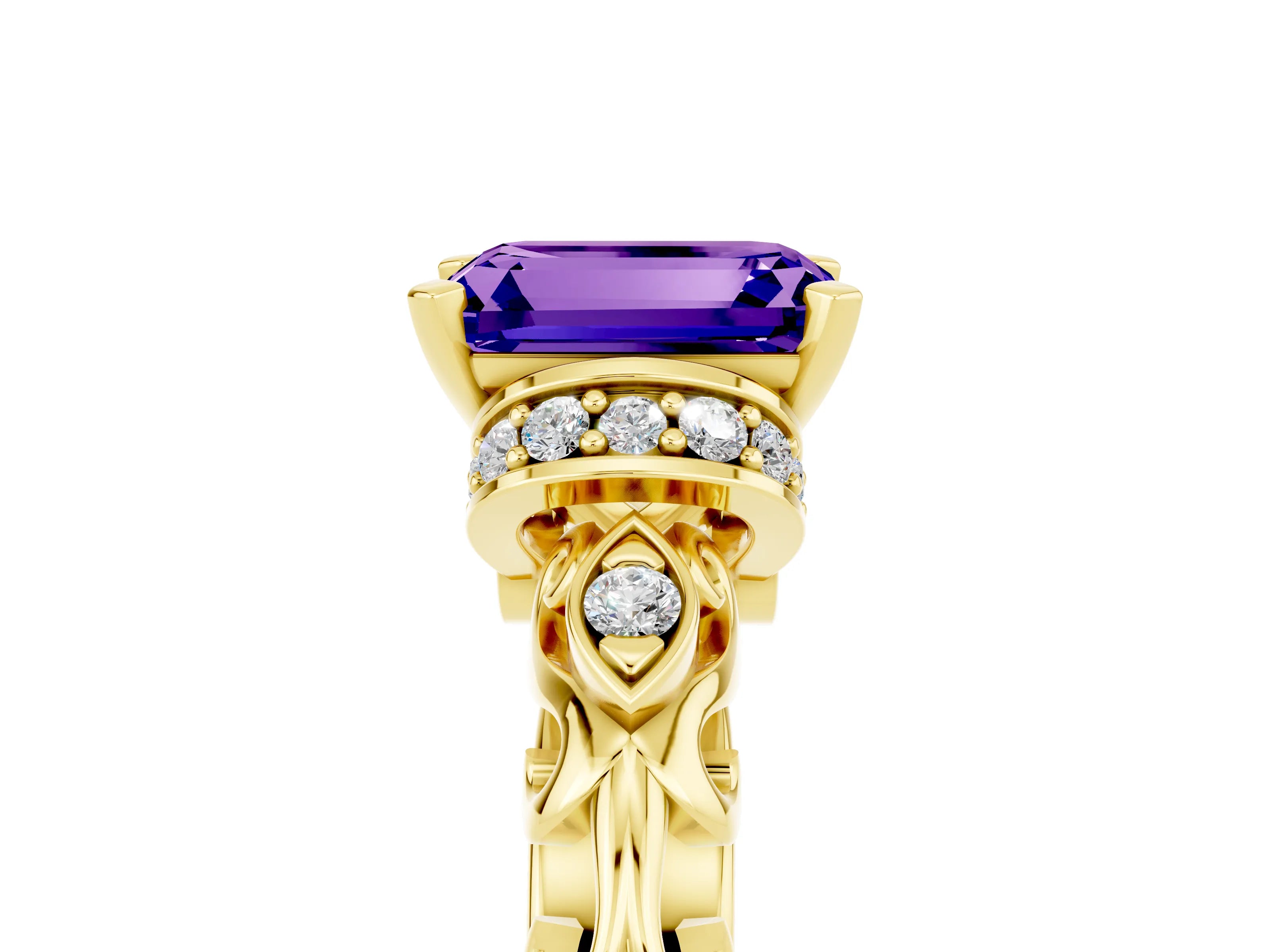 Yellow gold Emerald Cut Tanzanite Solitaire Ring with Filigree Band and Four-Prong Setting_29
