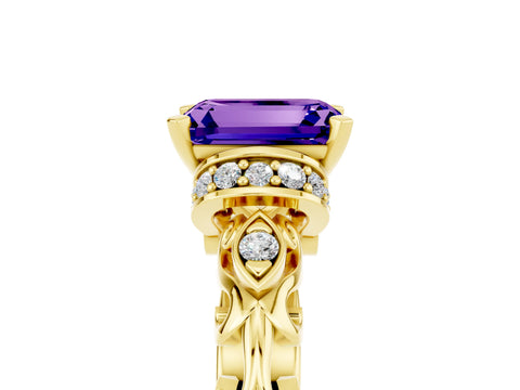 Yellow gold Emerald Cut Tanzanite Solitaire Ring with Filigree Band and Four-Prong Setting_29