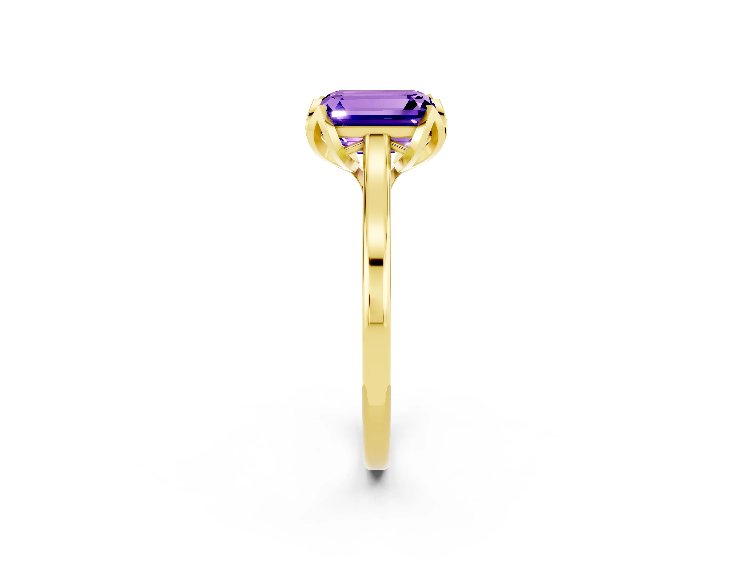 Yellow gold Emerald Cut Tanzanite Solitaire Ring with Flower Prong Setting and Classic Band_14