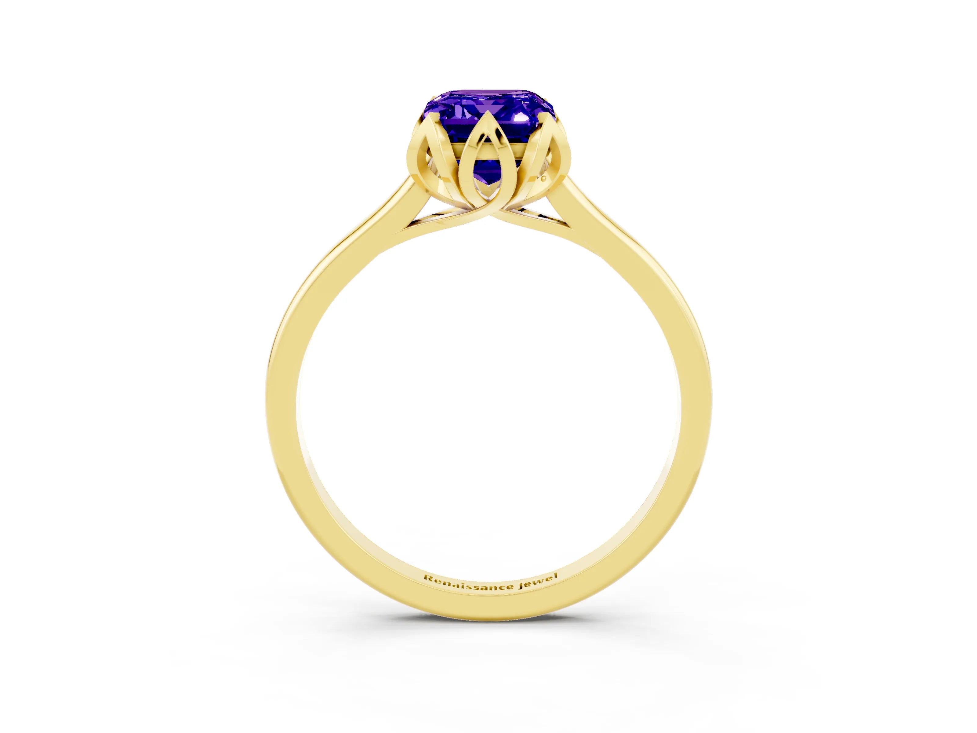 Yellow gold Emerald Cut Tanzanite Solitaire Ring with Flower Prong Setting and Classic Band_15