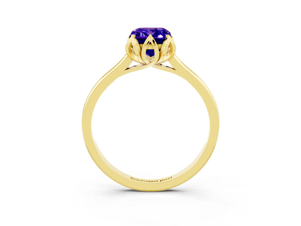 Yellow gold Emerald Cut Tanzanite Solitaire Ring with Flower Prong Setting and Classic Band