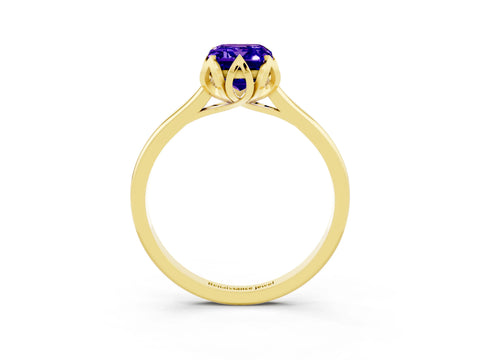Yellow gold Emerald Cut Tanzanite Solitaire Ring with Flower Prong Setting and Classic Band_15