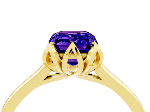 Yellow gold Emerald Cut Tanzanite Solitaire Ring with Flower Prong Setting and Classic Band_16