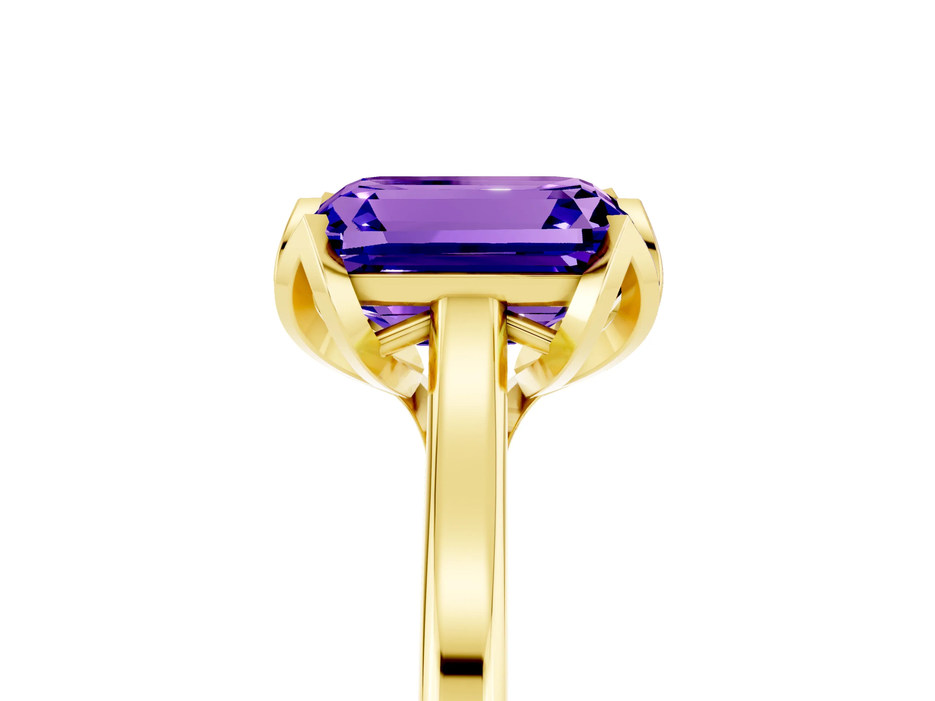 Yellow gold Emerald Cut Tanzanite Solitaire Ring with Flower Prong Setting and Classic Band_17