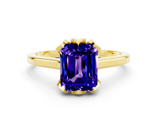 Yellow gold Emerald Cut Tanzanite Solitaire Ring with Flower Prong Setting and Classic Band