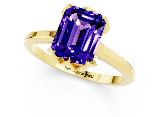 Yellow gold Emerald Cut Tanzanite Solitaire Ring with Flower Prong Setting and Classic Band