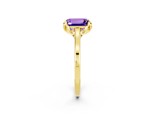 Yellow gold Emerald Cut Tanzanite Solitaire Ring with Flower Prong Setting and Classic Band